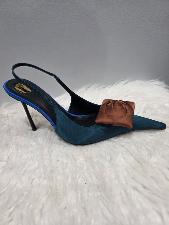 Fashion Heels Shoes - Teal Satin Pointed Slingback Pump with Brown Rosette Accent